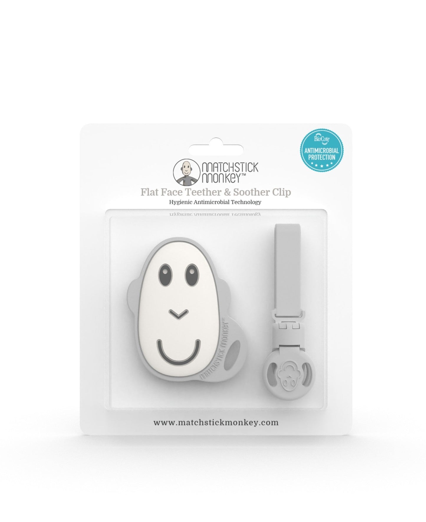 Cool Gray Flat Face Teether & Soother Clip Set